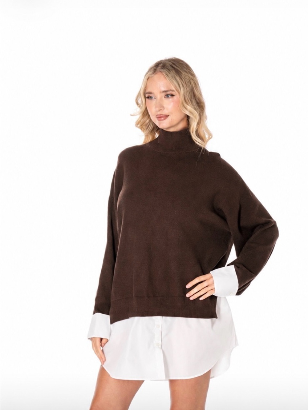 Chocolate Brown Mock Neck Layered Shirt Sweater